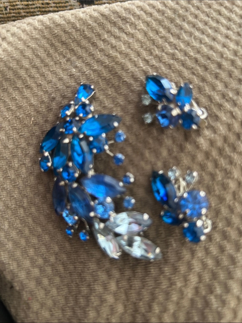 Sarah Coventry Blue Crystal Floral Clip-On Earrings and Ear Crawler Set
